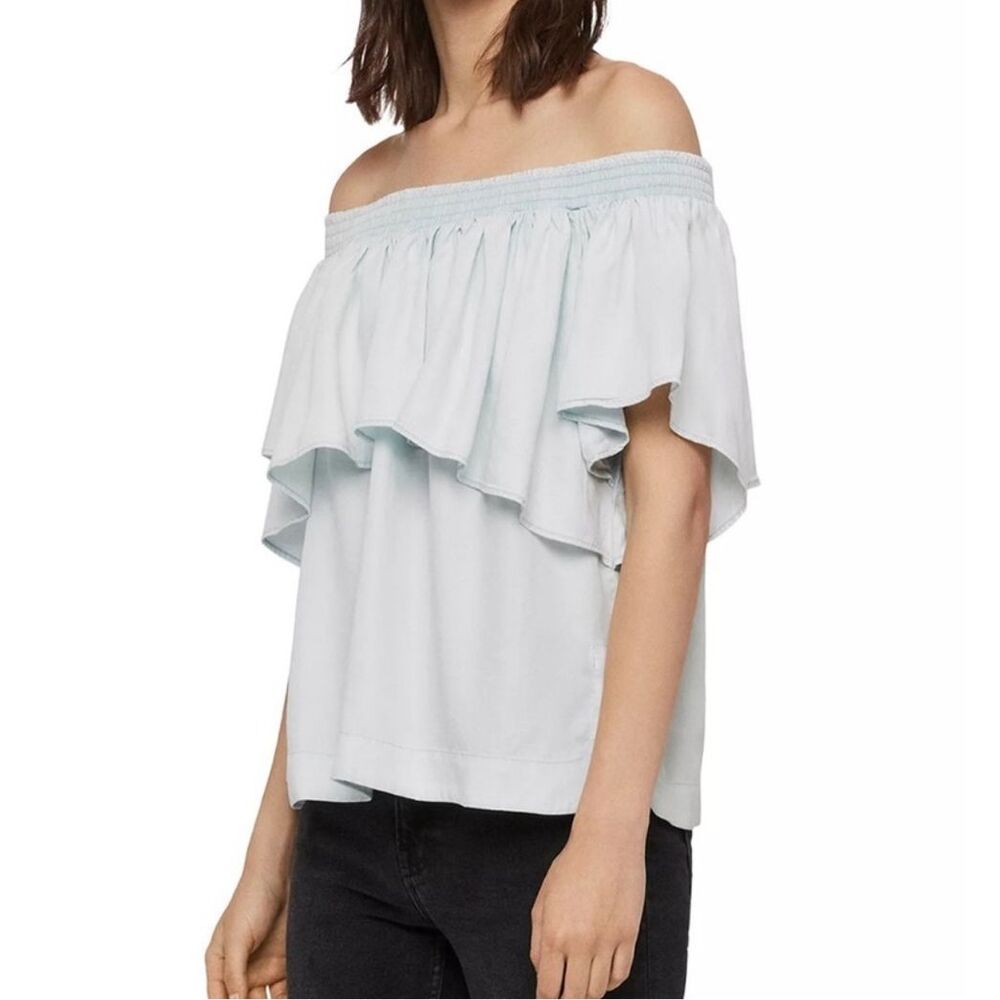 All‎ Saints Ruffle Off Shoulder Chambray Top Women XS Blue Sacha Tencel